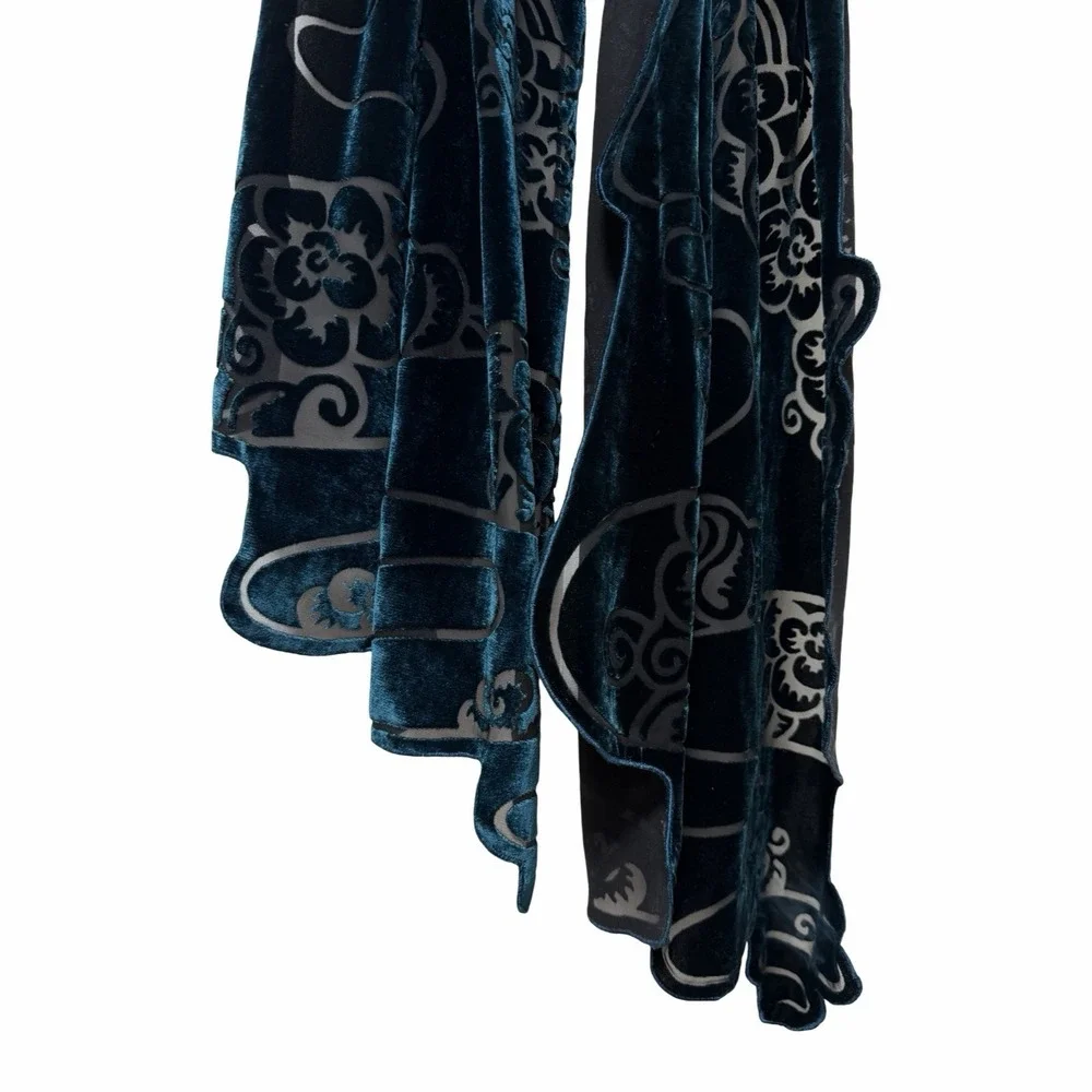 Zazou Luxe Velvet Burnout Sheer Silk Blend Scarf Wrap Shawl Peacock Blue/ Teal